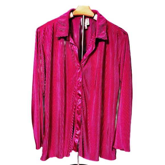 Jessica Simpson Hot Pink Blouse Button Down Top Stretchy Pleats Flowy Festive LG - Picture 1 of 8